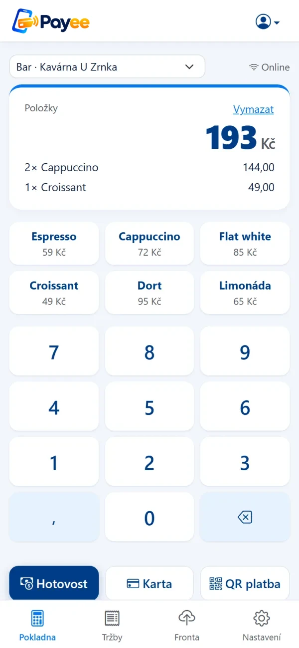 Pokladna Payee v mobilu, položky, velká klávesnice a volba platby hotově, kartou nebo QR kódem