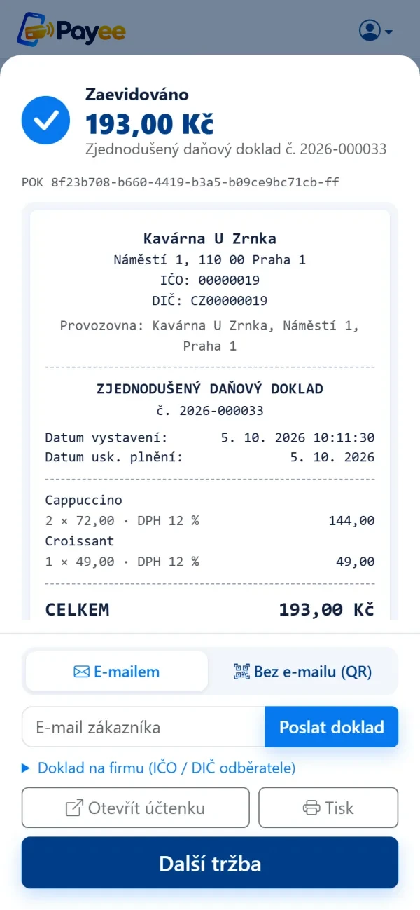 Hotová tržba v Payee se zjednodušeným daňovým dokladem a volbou poslat ho e-mailem nebo přes QR kód